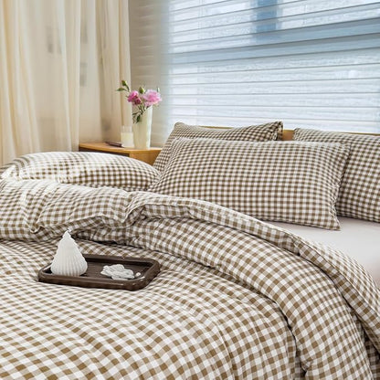 NSNLGSGC Twin Comforter Set, Tan Gingham Bedding Sets, Brown Grid Bed Comforter 2 Pieces (1 Comforter, 1 Pillowcase)