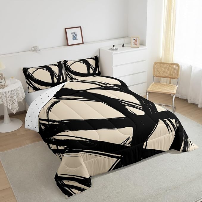 Black and Beige Abstarct Comforter Set Twin Size for Kids Boys Girs,Graffiti Stripes Lines Bedding Set,Aesthetic Geometric Duvet Insert for Minimalists,Contemporary Boho Modern Art Quilt