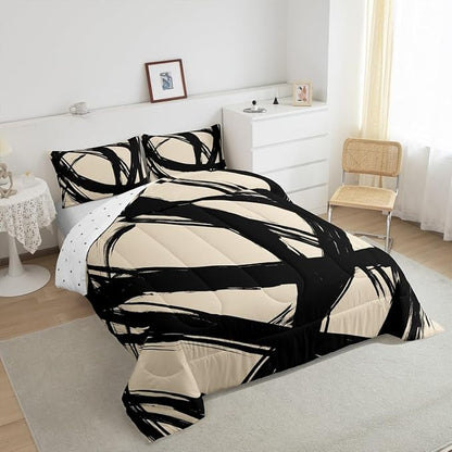 Black and Beige Striped Bedding Set Full Size for Adults Youth Teens,Contemporary Boho Modern Art Comforter Set,Graffiti Stripes Lines Quilt,Aesthetic Geometric Duvet Insert for Minimalists