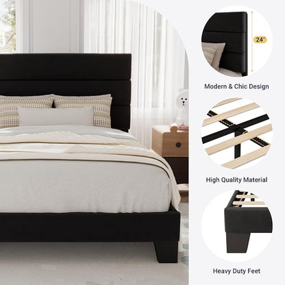 Allewie Twin Size Platform Bed Frame with Velvet Upholstered Headboard | Wooden Slats Support, Fully Upholstered Mattress Foundation, No Box Spring Needed, Easy Assembly, Noise-Free, Black