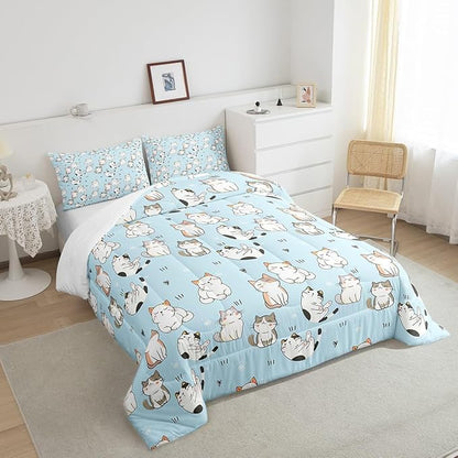 Erosebridal Cat Duvet Insert King, Kawaii Garfield Cat Bedding Set for Kids Boys Girls, Paw Print Love Heart Comforter Set, Cartoon Animals Soft Quilt 3 Pieces, Blue
