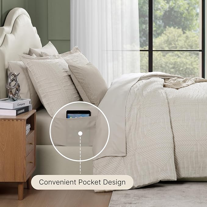 MaiRêve Full Size Comforter Set Beige, Crinkle Textured Design Boho Bedding Set 7 Pieces Bed in A Bag, All Season Geometric Comforter Set with Sheets, Pillowcases & Shams