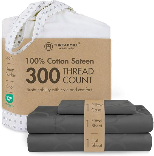 Threadmill Cotton Twin Sheet Set | 100% Cotton Sheets for Twin Size Bed | Damask Jacquard Sateen Twin Bed Sheets Set with 16” Deep Pocket | Soft Breathable 3-Piece Cooling Sheet Set | Dark Grey