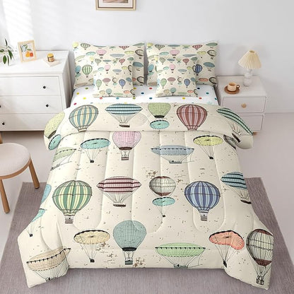 7 Pieces King Size Colorful Hot Air Balloon Comforter Set,Modern Sketch Bedding Set for Kids Room Decor,Retro Geometric Lines (Comforter+Fitted+Flat Sheet+2 Pillowcases+2 Throw Pillow Covers）