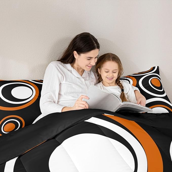 Erosebridal Orange Black Abstract Twin Bedding Sets for Adult Women Men Modern Striped Circles Comforter Set Boho Geometric Art Aesthetic Quilt Set Minimalist Black White Abstract Bed Collections