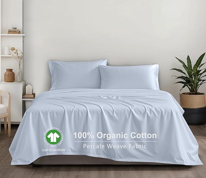 RUVANTI 100% Organic Cotton Sheets Full Size, Percale Weave, GOTS Certified, 4-Piece Set, Deep Pocket 15", Crisp & Breathable, Soft Durable Bedding, Sábanas Algodón Orgánico – Arctic Ice