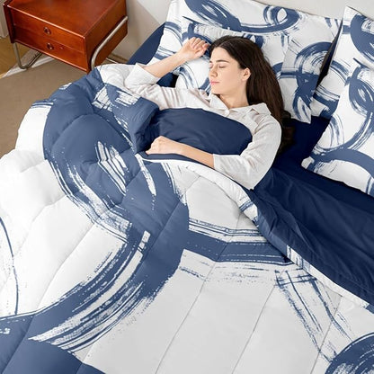 Erosebridal Blue and White 7 Piece Comforter Set King Abstract Line Ink Painting Bedding Set for Kids Boys Girls Simple Minimalist Graffiti Art Modern Geometric Sheet Set Boho Cool Unique Mens Quilt