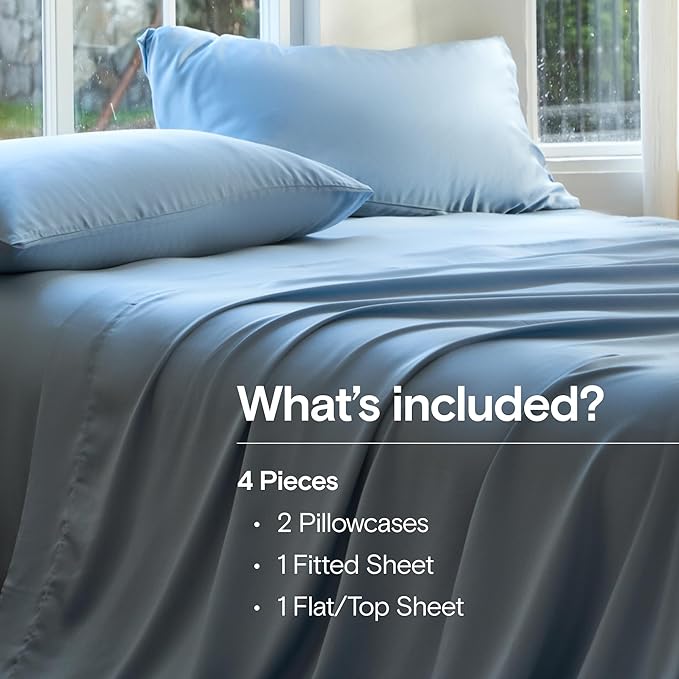 DOZ Sheet Set, 100% Viscose derived from Bamboo, Organically Grown, Buttery Soft, Cooling Sheets, High GSM, Deep Pockets - 4 Piece - 2 Pillowcases 1 Fitted 1 Top Sheet (Sky, Queen)