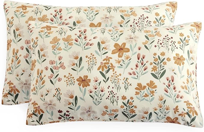 Wake In Cloud - Floral Pillow Cases, Botanical Flower Coquette Cottagecore Shabby Chic Aesthetic, Set of 2 Soft Pillowcases Pillow Shams Covers, Orange Cream, King Size 20x36 Inches