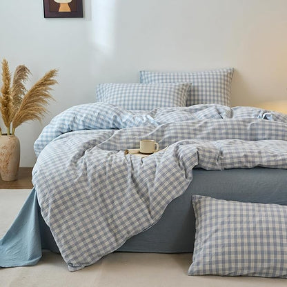 Blue Gingham Twin XL Duvet Covers Washed Cotton Boho Twin XL Comforter Cover Soft Pattern Checkered Zipper Duvet Cover Set with 2 Pillow Cases Farmhouse Dorm Bedding Set Plaid Duvet Protector
