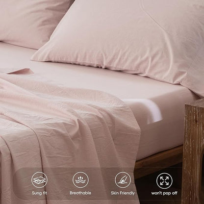 MooMee Fitted Bottom Sheet Only 100% Washed Cotton Linen Like Textured Breathable Durable Soft Comfy Deep Pocket Fits Mattress up to 17" (Greyish Pink, King)
