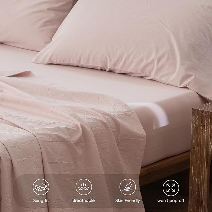 MooMee Fitted Bottom Sheet Only 100% Washed Cotton Linen Like Textured Breathable Durable Soft Comfy Deep Pocket Fits Mattress up to 17" (Greyish Pink, Twin)