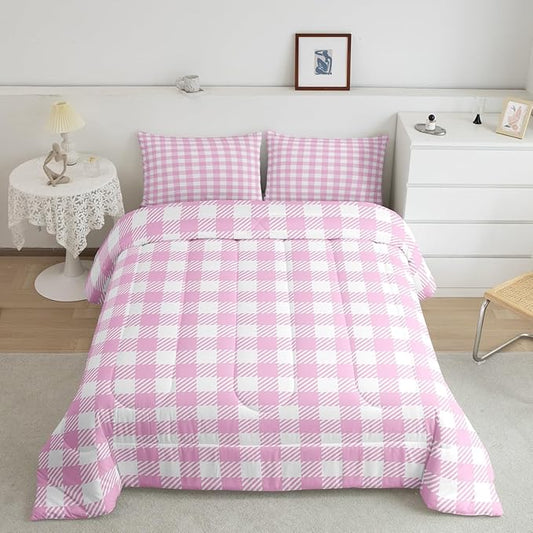 Manfei Pink Plaid Comforter Set Buffalo Check Plaid Bedding Set Classic Gingham Pattern Bedding Home Decor Pink White Scottish Comforter Twin Size Quilted Duvet Set 1 Comforter with 1 Pillowcase