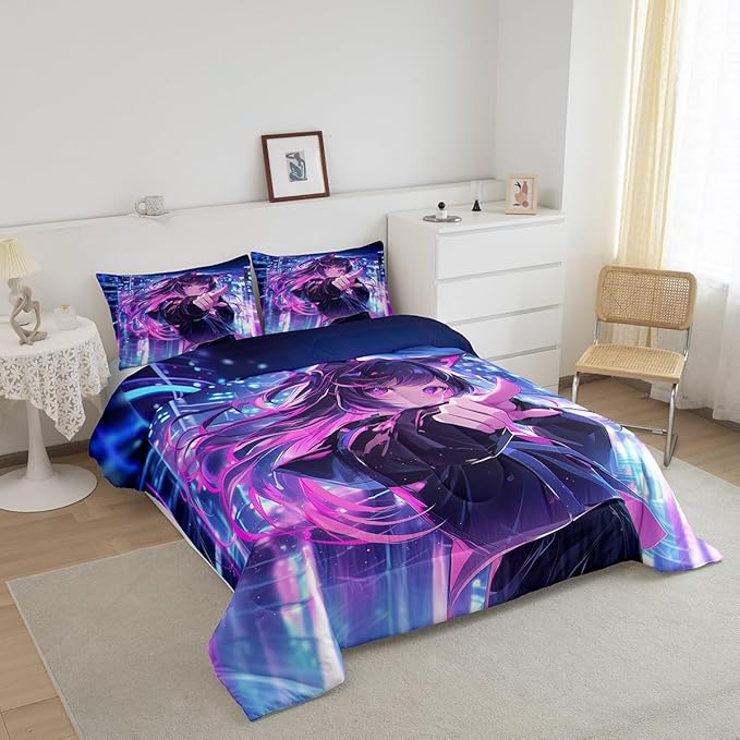 Erosebridal Kids Anime Girl Toddler Size Comforter Set, Japanese Anime Bedding Set, Cartoon Girl Quilt for Boys Teens Bedroom Decor, Kawaii Japanese Animation Duvet Insert with 1 Pillow Case