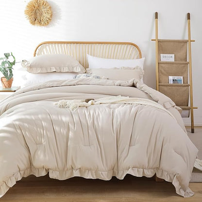 JANZAA Comforter Set Full Size Beige Ruffle Comforter 3PCS Soft Fluffy Comforter Vintage Farmhouse Bed Comforter Set Shabby Chic Bedding with 2 Off White Pillowcases