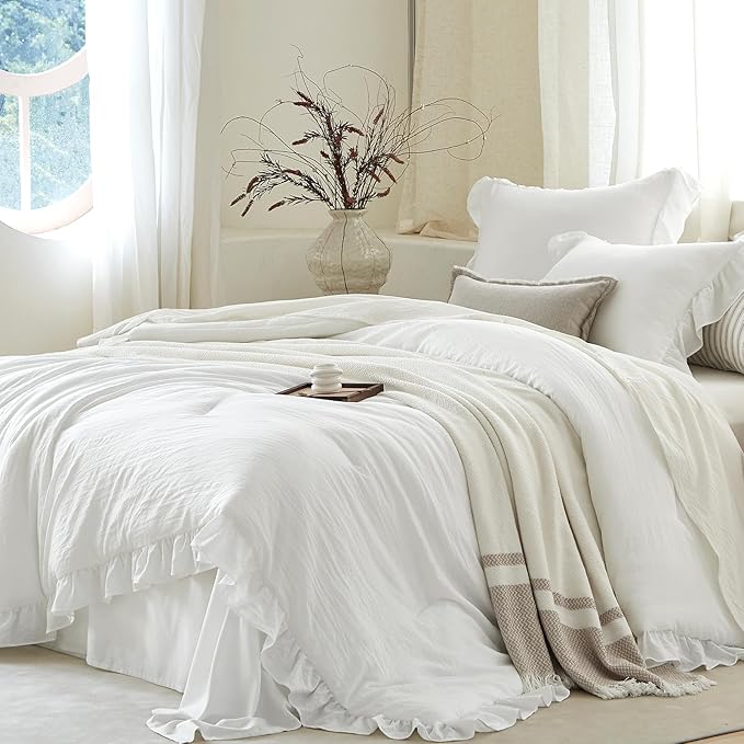 White Ruffle Comforter Set Twin, Pre-Washed Shabby Chic Bedding Set, Lightweight Cottagecore Soft Romantic Cozy 1 Comforter & 1 Sham, All-Season