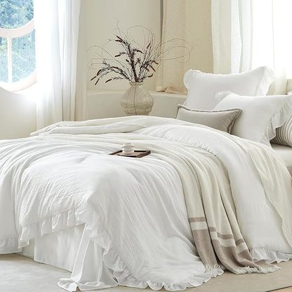White Ruffle Comforter Set King, Pre-Washed Shabby Chic Bedding Set, Lightweight Cottagecore Soft Romantic Cozy 1 Comforter & 2 Shams, All-Season