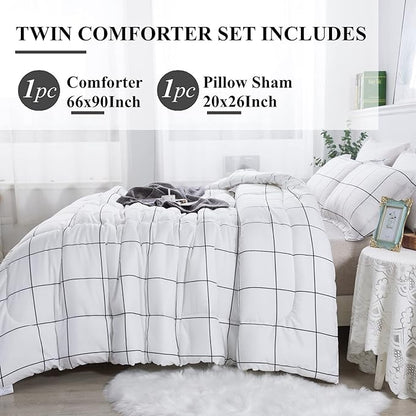 Andency White Grid Comforter Set Twin/Twin XL(66x90Inch), 2 Pieces (1 Plaid Comforter and 1 Pillowcase) White Plaid Comforter Set, Lightweight Polyester Gingham Geometric Comforter Bedding Set