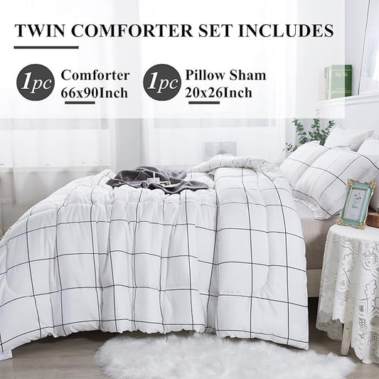 Andency White Grid Comforter Set Twin/Twin XL(66x90Inch), 2 Pieces (1 Plaid Comforter and 1 Pillowcase) White Plaid Comforter Set, Lightweight Polyester Gingham Geometric Comforter Bedding Set