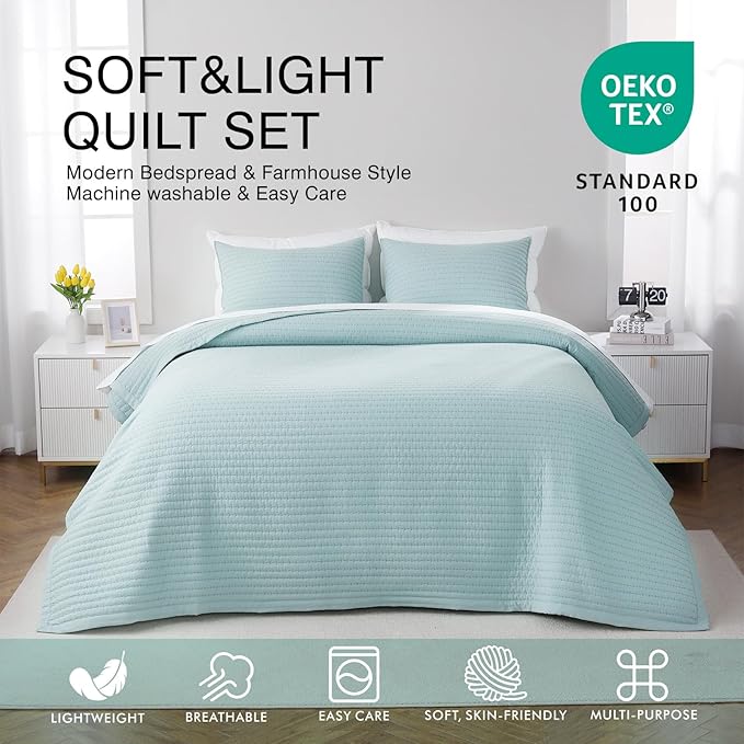 Queen Quilt Set – 90"x90" Soft Washed 3-Layer Lightweight Bedspread with Multi-Lock Quilting, Minimalist Nordic Bedding, All-Season Quilt for Spring, Summer & Fall (1 Quilt + 2 Pillow Shams), Green