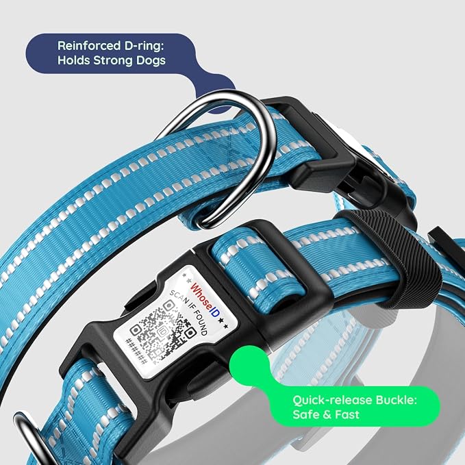 Airtag Dog Collar, Reflective Ultra-Durable Nylon Padded with QR Code Buckle & IP68 Waterproof Air Tag Holder Compatible for Apple AirTag, Comfortable for Small Medium Large Dogs(Blue,L)