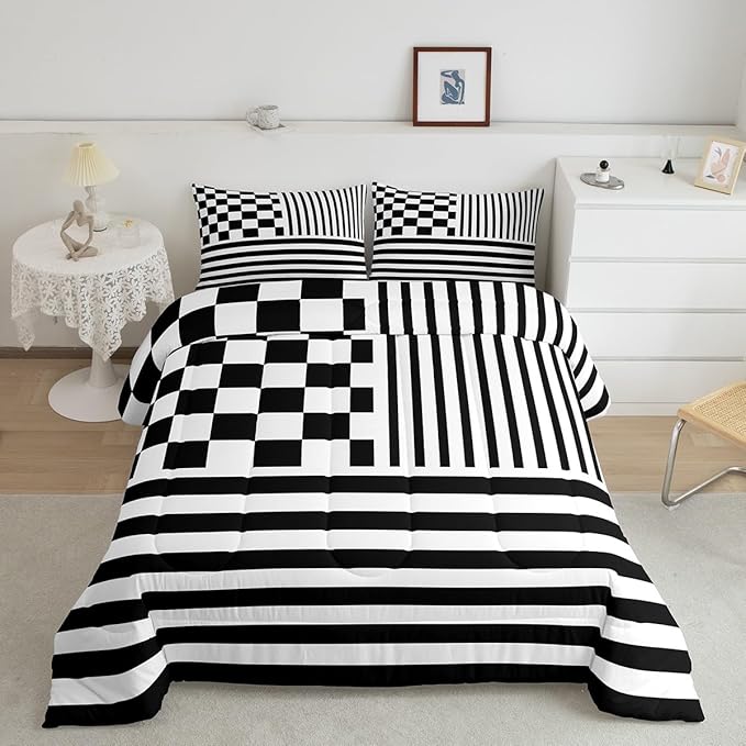 Black Check Bedding Set Twin Size Fashion Buffalo Plaid Comforter Modern Simple Style Comforter Set Black Stripes Geometric Duvet Set 2Pcs Quilt Set 1 Comforter Set with 1 Pillowcase
