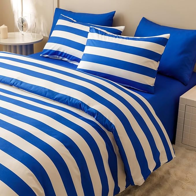 Houseri Blue and White Striped Comforter Set California King 3 Piece Blue Stripes Bedding Cal King Size Lightweight Bed Set Soft Comfy Quilt Blanket Cali King