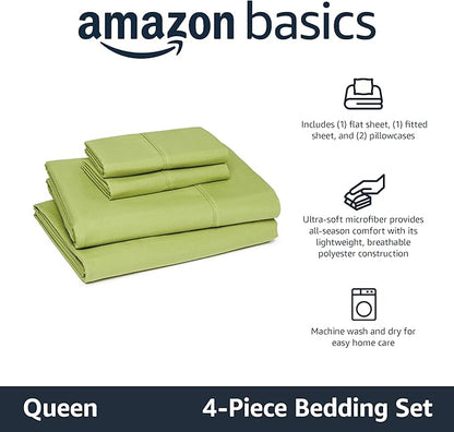 Amazon Basics Lightweight Super Soft Breathable Microfiber 4-Piece Bed Sheet Set, Queen, Oliver Light, Solid