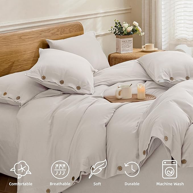 JELLYMONI Cotton Duvet Cover Cal King Size - Beige Comforter Cover with Button 100% Washed Cotton 3PCS Breathable Soft Solid Bedding Set Duvet Cover 104×98in & 2 Pillowcases (NO Comforter)
