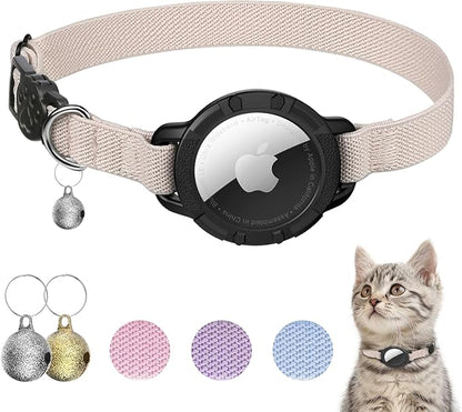 AirTag Cat Collars, Stretchy Collar with AirTag Holder and Bell | Breakaway - Ultra Design Elastic - GPS Tracking Collars - Adjustable Size for Cats & Puppies 7.5-12.5" - (Khaki)