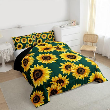 Erosebridal Sunflower Comforter Set Full Size 3D Floral Bedding Set for Kids Girls Women Adult Yellow Floral Down Comforter Botanical Flower Print Green Quilt Set Blossom Garden Duvet Set