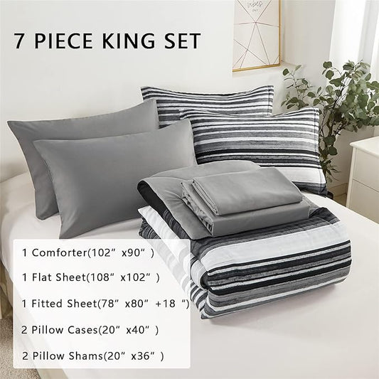 KAKIJUMN 7 Piece Bed in a Bag Stripe Comforter Set King Size, White Grey Black Patchwork Striped Comforter and Sheet Set, All Season Soft Microfiber Complete Bedding Sets(Grey,King)