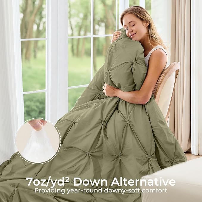 Sasttie King Size Comforter Set, 7-Piece Bed in a Bag, Pintuck Bedding Sets for All Season, Includes Comforter, Flat Sheet, Fitted Sheet, Pillowcases and Pillowshams, Olive Green