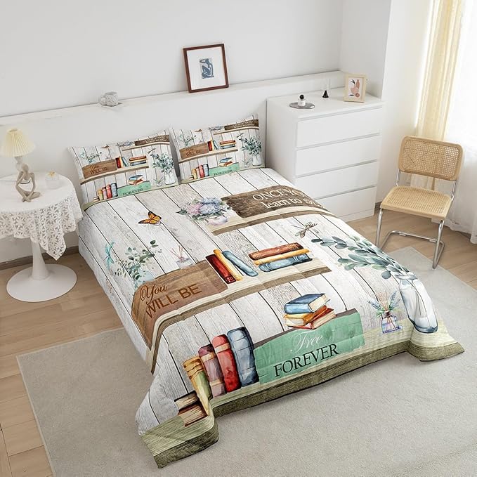 Watercolor Books Twin Size Down Comforter Set,Reading Time Girls Women Duvet/Quilt Set Soft Bed Collection,Rustic Farmhouse Style Floral Leaves Bedding Comforter for Boys Girls Bedroom,2 Pcs