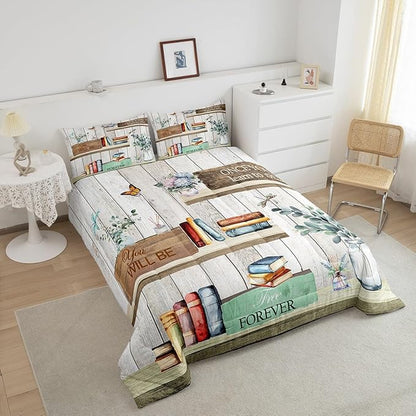 Watercolor Books Twin Size Down Comforter Set,Reading Time Girls Women Duvet/Quilt Set Soft Bed Collection,Rustic Farmhouse Style Floral Leaves Bedding Comforter for Boys Girls Bedroom,2 Pcs