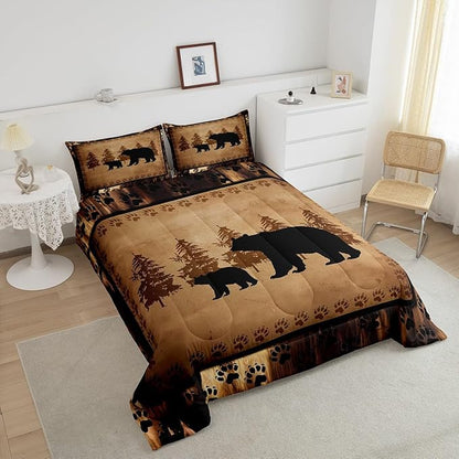 Feelyou Bear Comforter Set Queen Size Farmhouse Wild Animal Comforter Retro Cabin Lodge Bedding Set for Kids Boys Girls Brown Bear Paws Duvet Rustic Bedroom Decor Quilted 3Pcs