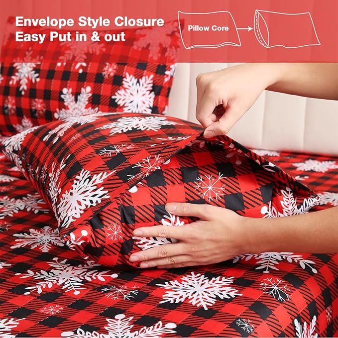 JSD Red Buffalo Plaid Snowflakes Sheet Set King Size, 4 Piece Christmas Winter Microfiber Bedding Sheets Extra Deep Pocket