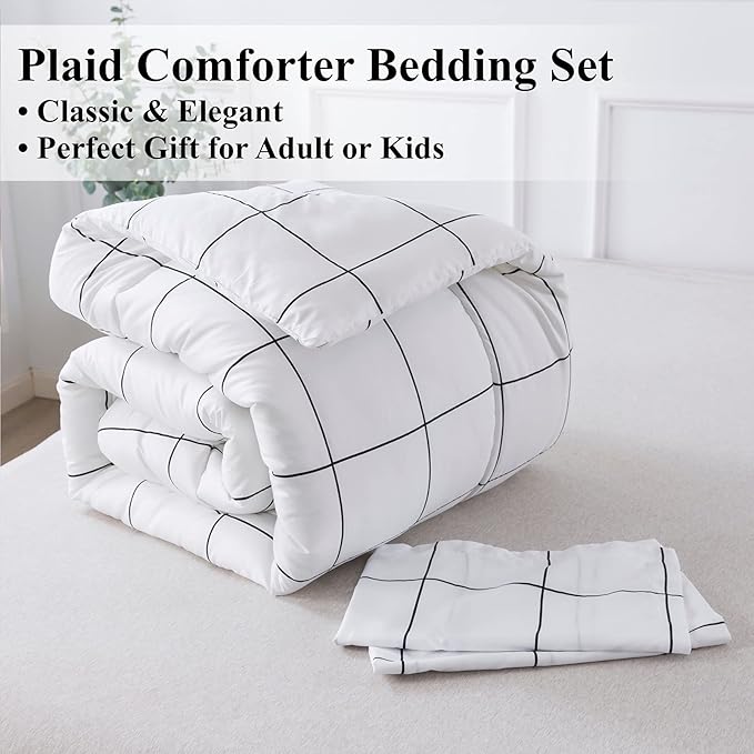 Andency White Grid Comforter Set Full(79x90Inch), 3 Pieces (1 Plaid Comforter and 2 Pillowcases) White Plaid Comforter Set, Lightweight Polyester Gingham Geometric Comforter Bedding Set