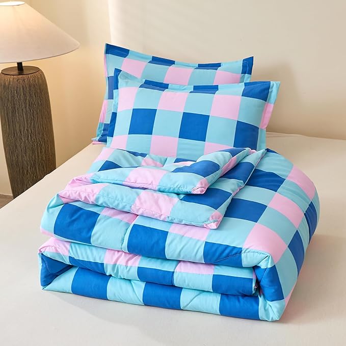 Caressma Comforter Set Blue and Pink Checkered King Size, 3 Pieces Buffalo Grid Comforter Bedding Set, Geometric Checkered Bedding with Pillowshams