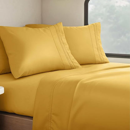 Clara Clark Bed Sheets, Premier 1800 Series 4 Piece RV Queen Sheet Set, Luxury Soft Sheets for RV Bunks, Short Queen - Camel Gold