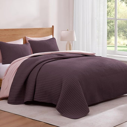 WRENSONGE Queen Quilt-3 Pieces Lightweight Bedspreads Italian Plum Queen Size Quilt Bedding Set for All Seasons, Soft Summer Coverlet with 2 Pillow Shams Suitable for Bed, Couch