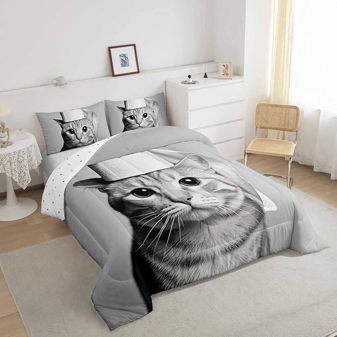 Erosebridal Kitten Bedding Set Toddler Size Cat Comforter Set for Kids Boys Girls 3D Kawaii Cute Hat Bowl Black Grey Comforter Warm Soft Quilt Insert