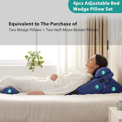 Adjustable 4pcs Bed Wedge Pillow Set, Memory Foam Wedges Pillow Post Surgery for Back, Neck, Leg Pain Relief, Pillows Wedge for Sleeping, Sitting up in Bed, Acid Reflux and GERD, Navy Blue