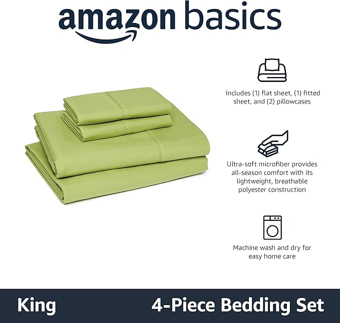 Amazon Basics Lightweight Microfiber 4-Piece Bed Sheet Set, King, Oliver Light, Solid