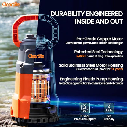 Submersible Utility Water Pump, 1/3 HP 2790 GPH Portable Sump Pump with Copper Motor, Plug and Work for Pond, Garden Watering, Pool or Hot Tub Water Transfer