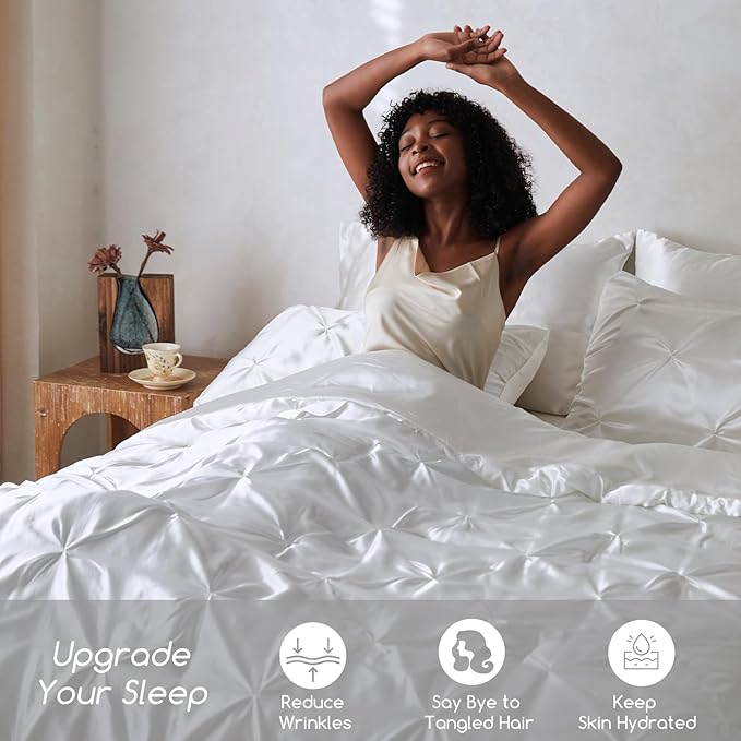 MR&HM Satin Comforter Queen 7 Pieces - Luxurious Pinch Pleat Bedding Set with Comforter, Flat Sheet, Fitted Sheet, Pillowcases & Shams, Super Silky Soft Bed Set for All Season (Queen, White)