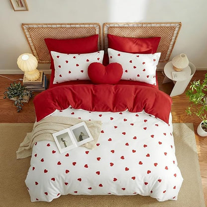 Heart Comforter Set Queen 3 Pieces Romantic Girls Cute Bedding Set, Red Love Heart Pattern, Modern Aesthetic Comforter with 2 Pillowcases 100% Microfibre White