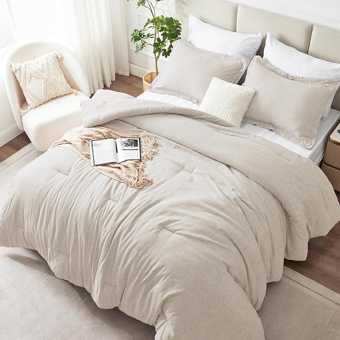 CozyLux Queen Comforter Set, 3 Pieces Beige Soft Luxury Cationic Dyeing Comforters Queen Size Bedding Sets, Breathable Lightweight Fluffy Bed Set with 1 Down Alternative Comforter and 2 Pillow Shams