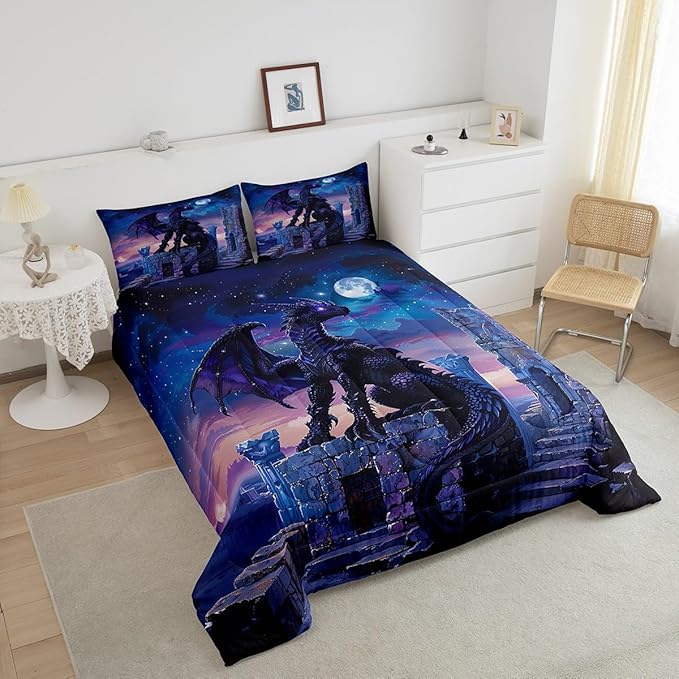 Feelyou Dragon Comforter Set Queen Size Moon Light Dragon Comforter for Boys Girls Teens Gothic Bedding Set Wildlife Duvet Set Room Decor Acid Blue Quilt Set