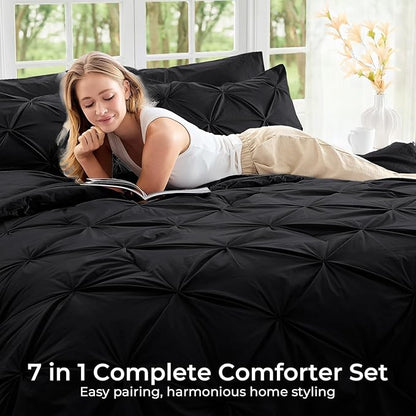 Sasttie Queen Comforter Set, 7-Piece Bed in a Bag, Pintuck Bedding Sets for All Season, Includes Comforter, Flat Sheet, Fitted Sheet, Pillowcases and Pillowshams, Black